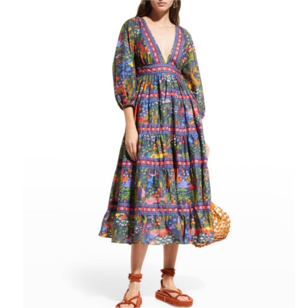 FARM Rio Animal Utopia Floral Jungle Print Puff Sleeve Midi Dress XS NWT - Picture 2 of 11